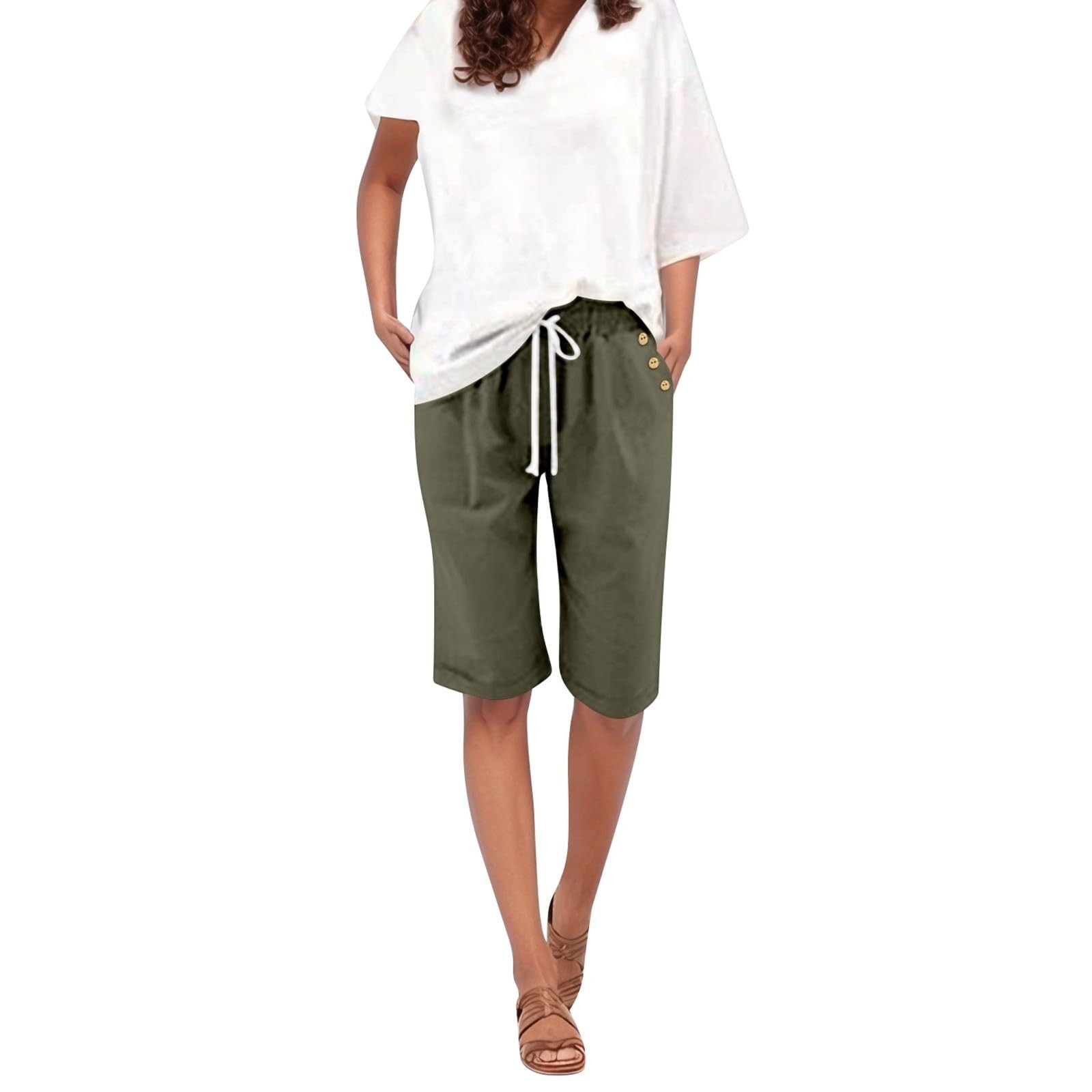 Upgrade Bermuda Shorts for Women 2025 Summer Casual High Waisted Loose Drawstring Button Decor Knee Length Shorts with Pockets Army Green M